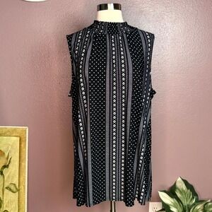 EST 1946 Women's Black White Floral Dot Stripe Mock Neck Sleeveless Tunic 18/20W